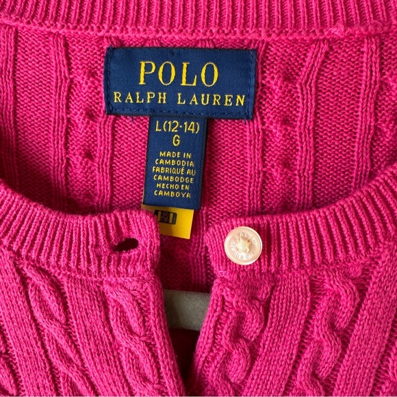 Polo Ralph Lauren Pink Cable Knit Cardigan Size L (12–14) Cotton Logo Sweater - Picture 7 of 11